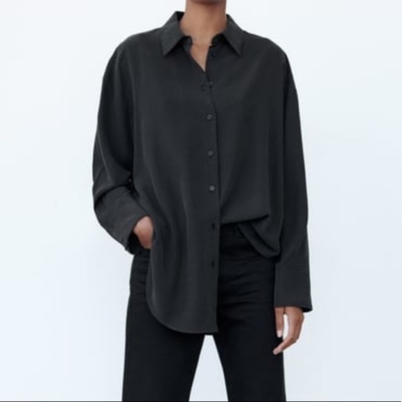 Zara Women Oversize Satin Shirts Black - Picture 1 of 2